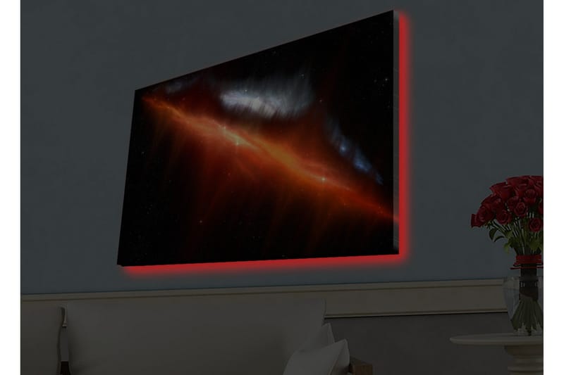Lerretsbilde med LED-belysning - Storslått romscene med tåker i varme farger, Rød / Oransje / Blå