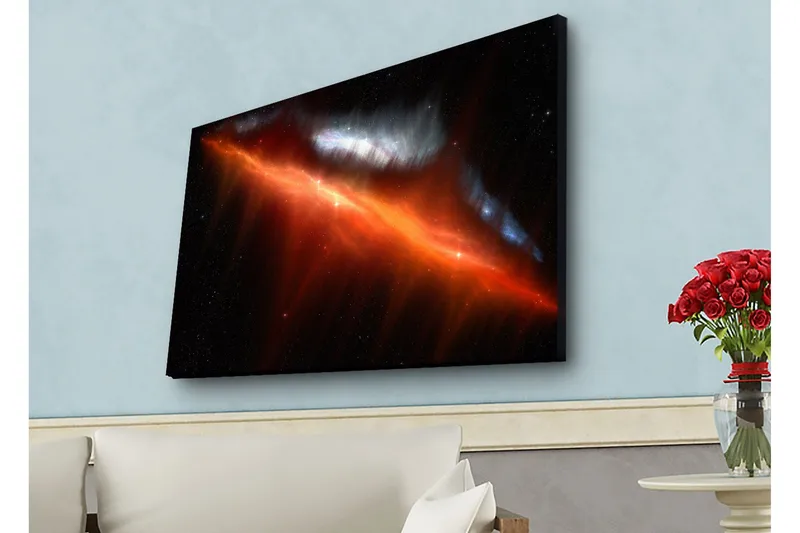 Lerretsbilde med LED-belysning - Storslått romscene med tåker i varme farger - Rød / Oransje / Blå - Innredning - Bilder & kunst - Lerretsbilder