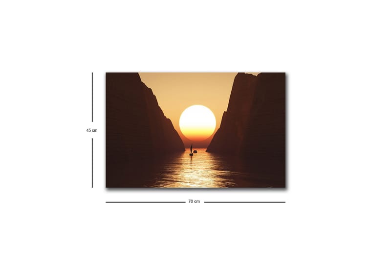 Lerretsbilde med LED-belysning - Storslått solnedgang over en smal fjord med en seilbåt i silhuett - Oransje / Brun / Gull - Innredning - Bilder & kunst - Lerretsbilder