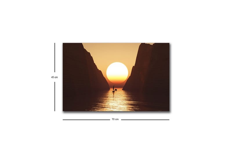 Lerretsbilde med LED-belysning - Storslått solnedgang over en smal fjord med en seilbåt i silhuett - Oransje / Brun / Gull - Innredning - Bilder & kunst - Lerretsbilder