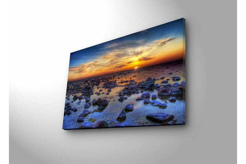 Lerretsbilde med LED-belysning - Storslått solnedgang over en steinete kystlinje - Mørk blå / Oransje / Lys blå - Innredning - Bilder & kunst - Lerretsbilder