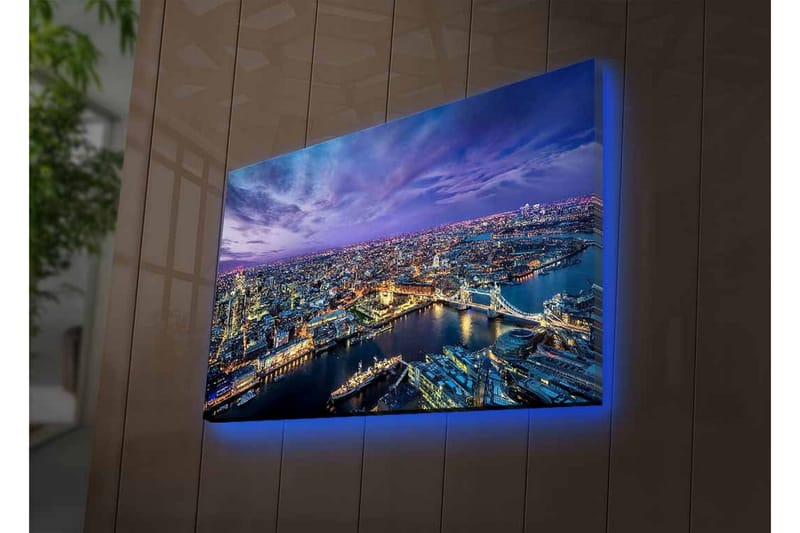 Lerretsbilde med LED-belysning - Storslått utsikt over en by i skumringen med elver og broer - Mørk blå / Lilla / Gyllen - Innredning - Bilder & kunst - Lerretsbilder