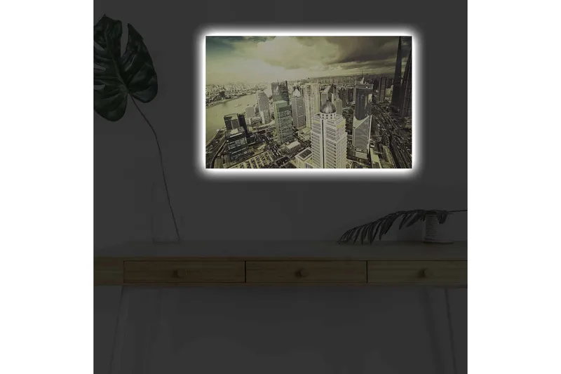 Lerretsbilde med LED-belysning - Storslått utsikt over en by med moderne skyskrapere, Grå / Beige / Svart