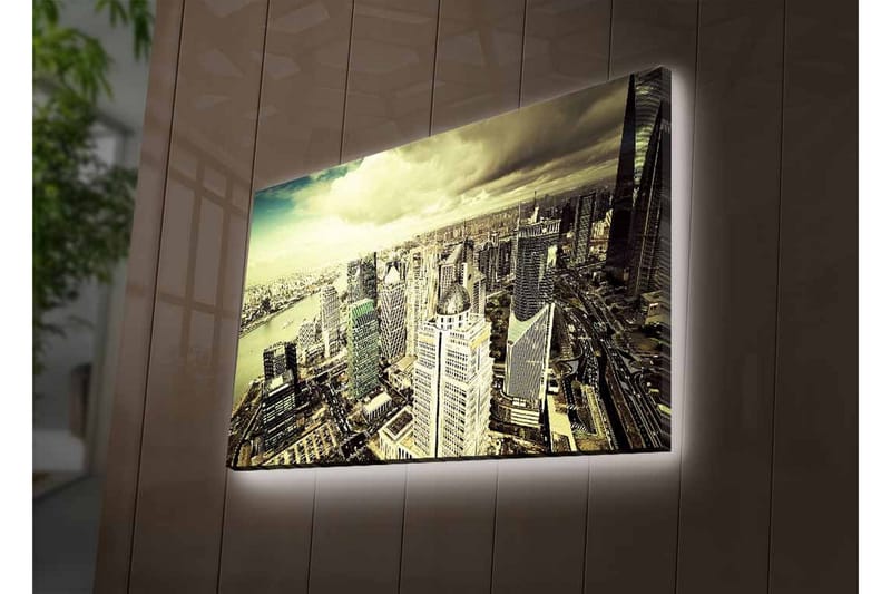 Lerretsbilde med LED-belysning - Storslått utsikt over en by med moderne skyskrapere - Grå / Beige / Svart - Innredning - Bilder & kunst - Lerretsbilder