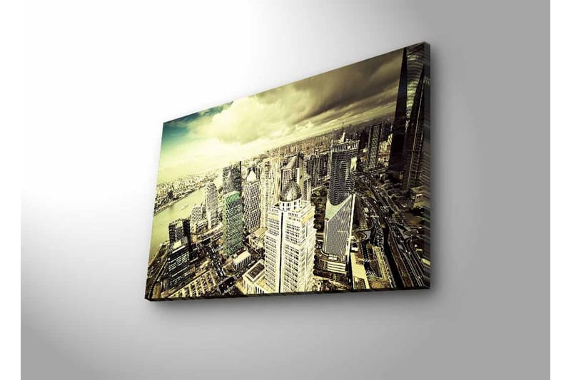 Lerretsbilde med LED-belysning - Storslått utsikt over en by med moderne skyskrapere - Grå / Beige / Svart - Innredning - Bilder & kunst - Lerretsbilder
