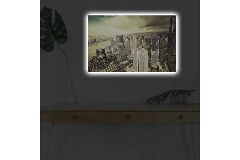 Lerretsbilde med LED-belysning - Storslått utsikt over en by med moderne skyskrapere, Grå / Beige / Svart