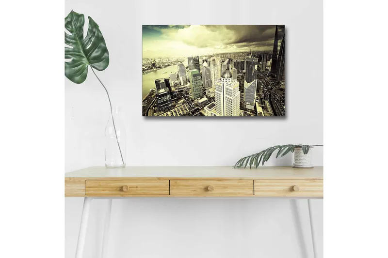 Lerretsbilde med LED-belysning - Storslått utsikt over en by med moderne skyskrapere - Grå / Beige / Svart - Innredning - Bilder & kunst - Lerretsbilder