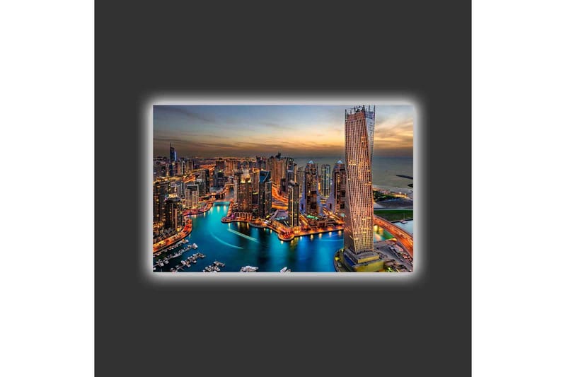 Lerretsbilde med LED-belysning - Storslått utsikt over en moderne by med glitrende skyskrapere og en svingete elv - Blå / Oransje / Grå - Innredning - Bilder & kunst - Lerretsbilder