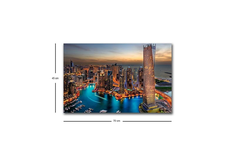 Lerretsbilde med LED-belysning - Storslått utsikt over en moderne by med glitrende skyskrapere og en svingete elv - Blå / Oransje / Grå - Innredning - Bilder & kunst - Lerretsbilder