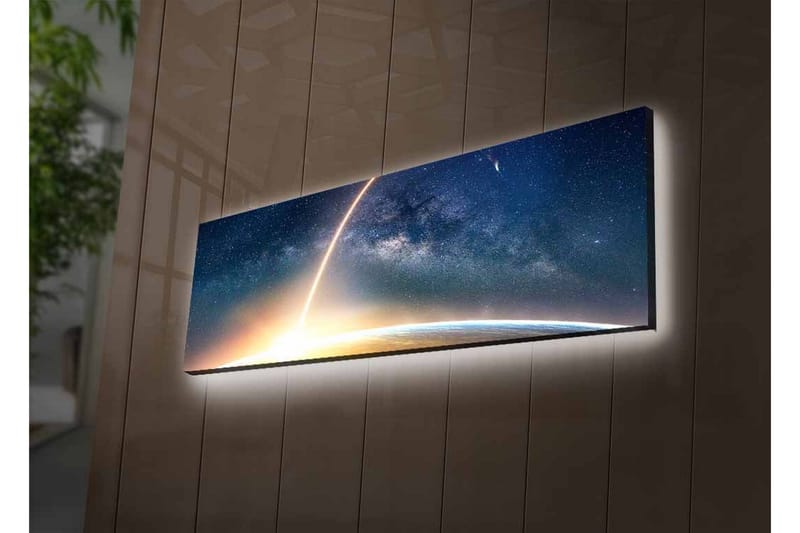 Lerretsbilde med LED-belysning - Storslått utsikt over jorden med en stjernehimmel og en lys stråle som strekker seg ut i rommet - Mørk blå / Lys oransje / Hvit - Innredning - Bilder & kunst - Lerretsbilder