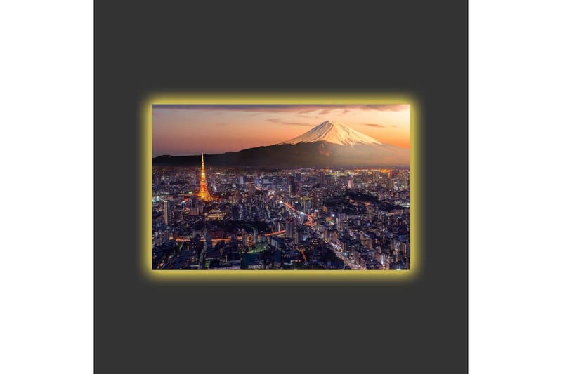Lerretsbilde med LED-belysning - Storslått utsikt over Tokyo med Fuji-fjellet i bakgrunnen ved solnedgang - Blå / Oransje / Hvit - Innredning - Bilder & kunst - Lerretsbilder