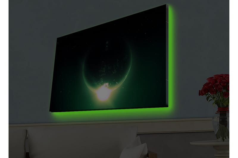 Lerretsbilde med LED-belysning - Storslått planet med lysstråler som strekker seg ut i verdensrommet, Mørkegrønn / Svart / Lysegrønn