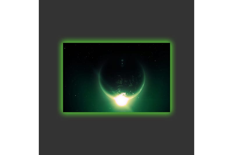 Lerretsbilde med LED-belysning - Storslått planet med lysstråler som strekker seg ut i verdensrommet - Mørkegrønn / Svart / Lysegrønn - Innredning - Bilder & kunst - Lerretsbilder