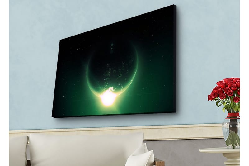 Lerretsbilde med LED-belysning - Storslått planet med lysstråler som strekker seg ut i verdensrommet - Mørkegrønn / Svart / Lysegrønn - Innredning - Bilder & kunst - Lerretsbilder