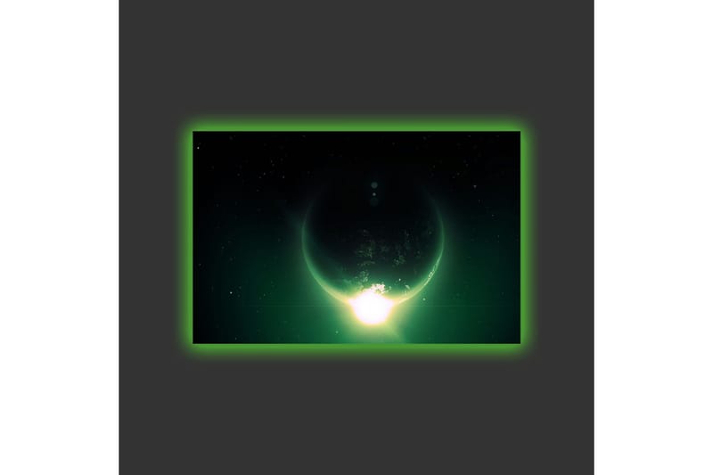 Lerretsbilde med LED-belysning - Storslått planet med lysstråler som strekker seg ut i verdensrommet - Mørkegrønn / Svart / Lysegrønn - Innredning - Bilder & kunst - Lerretsbilder