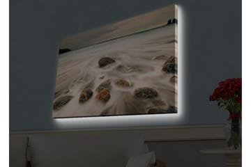 Lerretsbilde med LED-belysning - Strandscene med myke bølger som omslutter steiner - Grå / Beige / Svart - Innredning - Bilder & kunst - Lerretsbilder
