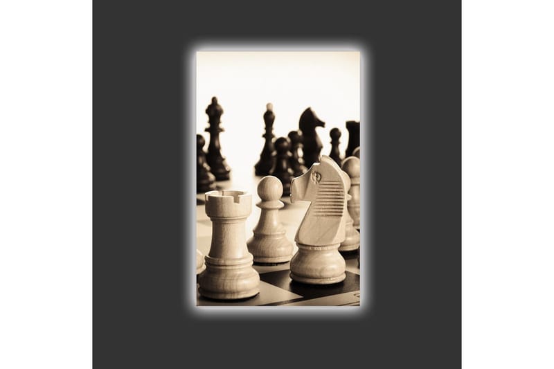 Lerretsbilde med LED-belysning - Strategisk sjakkoppsett med trebrikker - Beige / Svart / Brun - Innredning - Bilder & kunst - Lerretsbilder