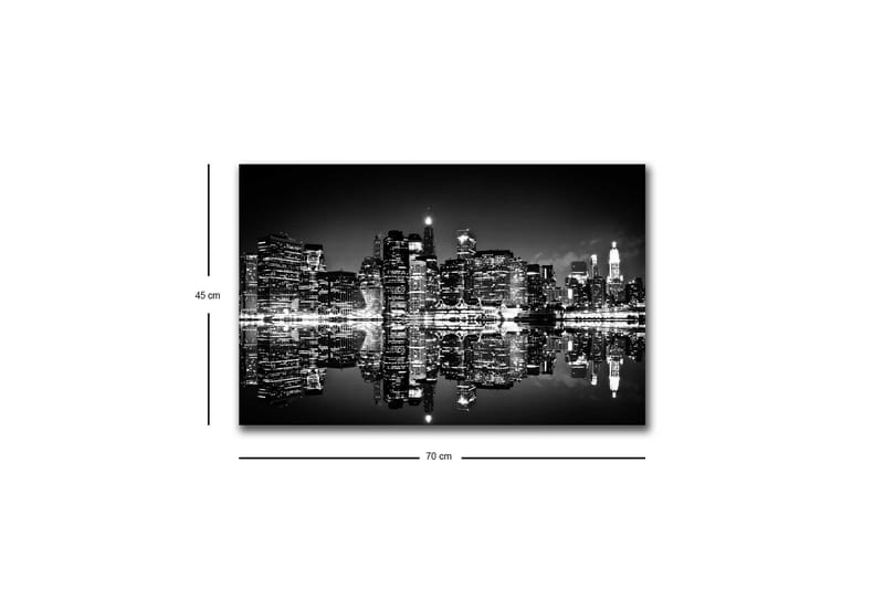 Lerretsbilde med LED-belysning - Svart-hvitt bysilhuett med refleksjoner i vannoverflaten - Svart / Hvit / Grå - Innredning - Bilder & kunst - Lerretsbilder