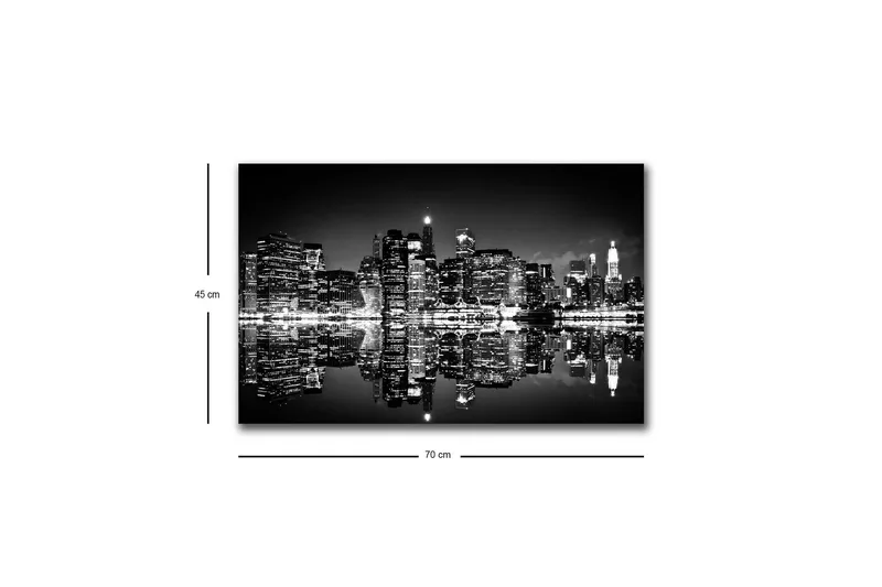 Lerretsbilde med LED-belysning - Svart-hvitt bysilhuett med refleksjoner i vannoverflaten - Svart / Hvit / Grå - Innredning - Bilder & kunst - Lerretsbilder