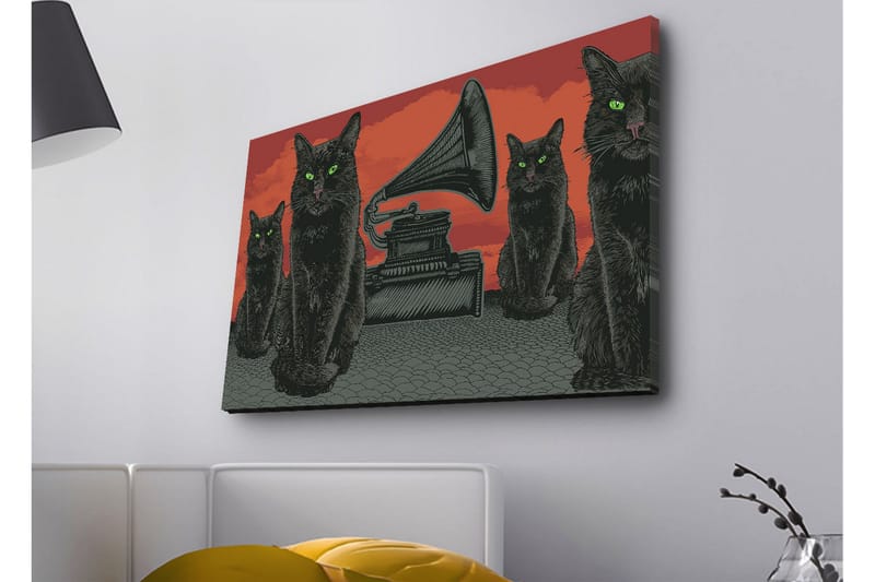 Lerretsbilde med LED-belysning - Svart katt med grønne øyne foran en grammofon på rød bakgrunn - Svart / Rød / Grønn - Innredning - Bilder & kunst - Lerretsbilder