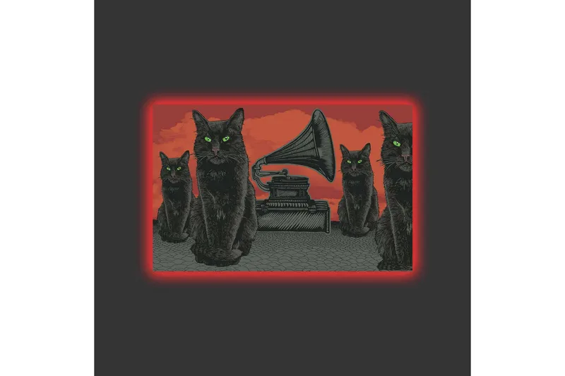 Lerretsbilde med LED-belysning - Svart katt med grønne øyne foran en grammofon på rød bakgrunn - Svart / Rød / Grønn - Innredning - Bilder & kunst - Lerretsbilder