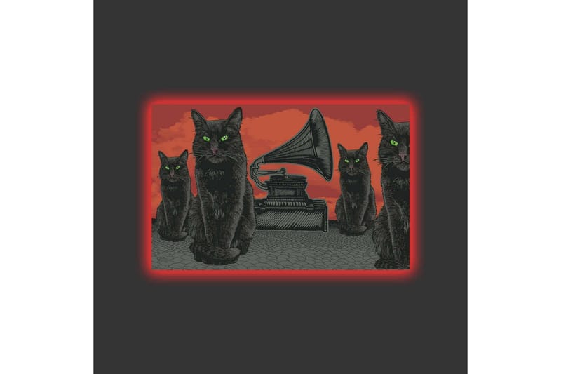 Lerretsbilde med LED-belysning - Svart katt med grønne øyne foran en grammofon på rød bakgrunn - Svart / Rød / Grønn - Innredning - Bilder & kunst - Lerretsbilder