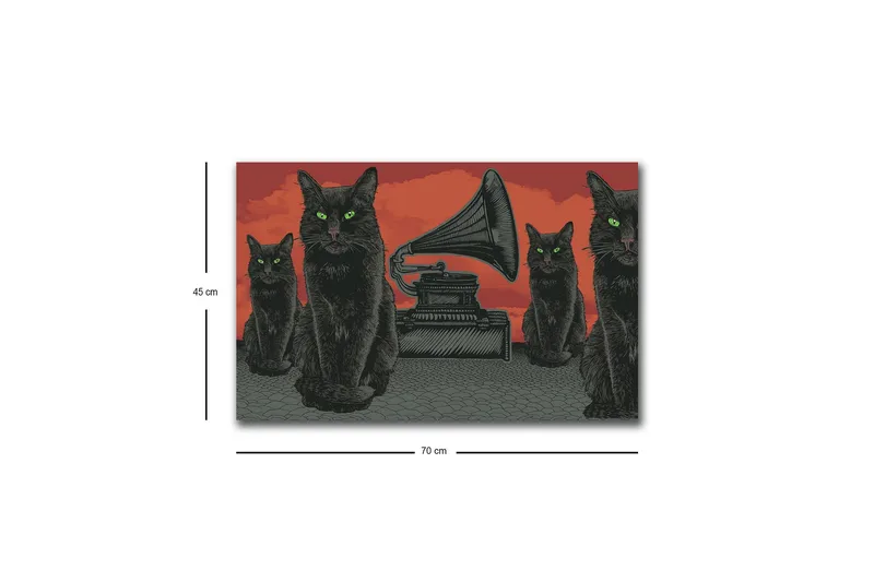 Lerretsbilde med LED-belysning - Svart katt med grønne øyne foran en grammofon på rød bakgrunn - Svart / Rød / Grønn - Innredning - Bilder & kunst - Lerretsbilder