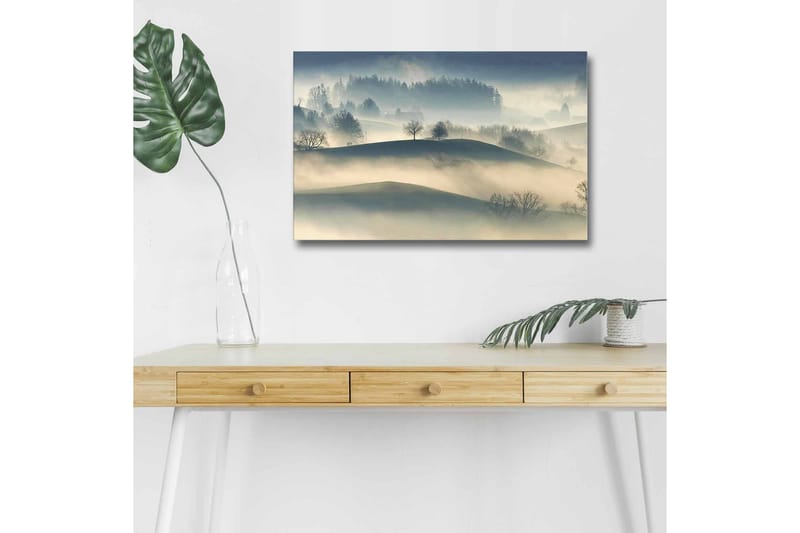 Lerretsbilde med LED-belysning - Tåke over bølgende landskap med ensomme trær, Grå / Blå / Beige