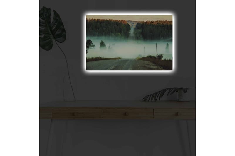 Lerretsbilde med LED-belysning - Tåke over en vei omgitt av skog og fjell i bakgrunnen - Grønn / Blå / Oransje - Innredning - Bilder & kunst - Lerretsbilder