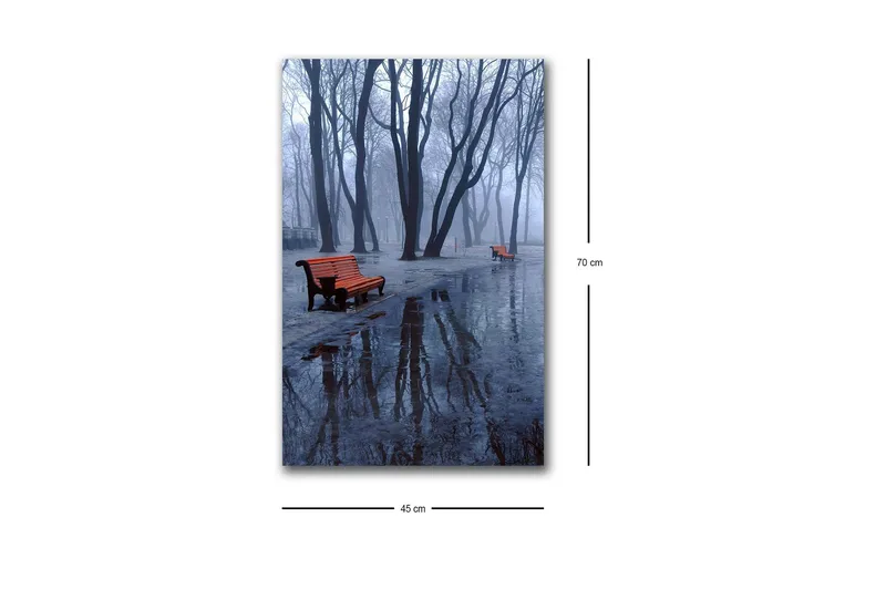 Lerretsbilde med LED-belysning - Tåke over en park med benker og refleksjoner i sølepytter - Mørk blå / Grå / Oransje - Innredning - Bilder & kunst - Lerretsbilder