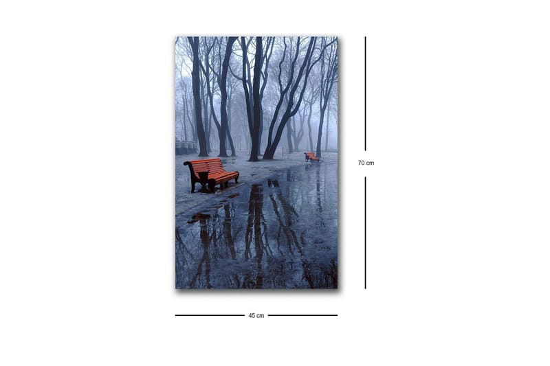 Lerretsbilde med LED-belysning - Tåke over en park med benker og refleksjoner i sølepytter - Mørk blå / Grå / Oransje - Innredning - Bilder & kunst - Lerretsbilder