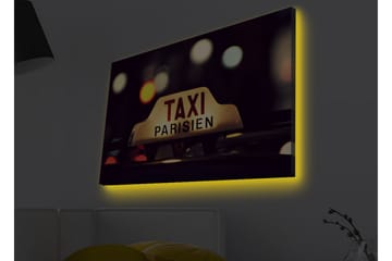 Lerretsbilde med LED-belysning - Taxiskilt med teksten TAXI PARISIEN i et nattlig bymiljø - Gul / Svart / Rød - Innredning - Bilder & kunst - Lerretsbilder