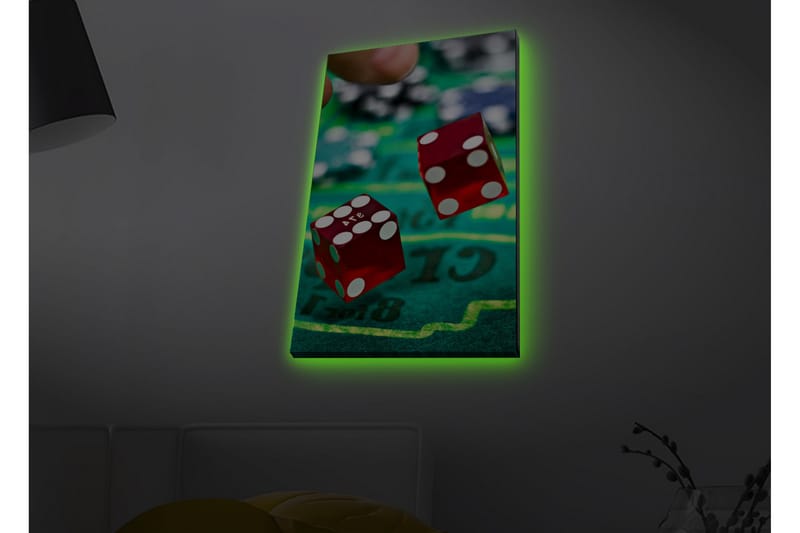 Lerretsbilde med LED-belysning - Terninger kastes på en grønn spillebane, Rød / Grønn / Svart