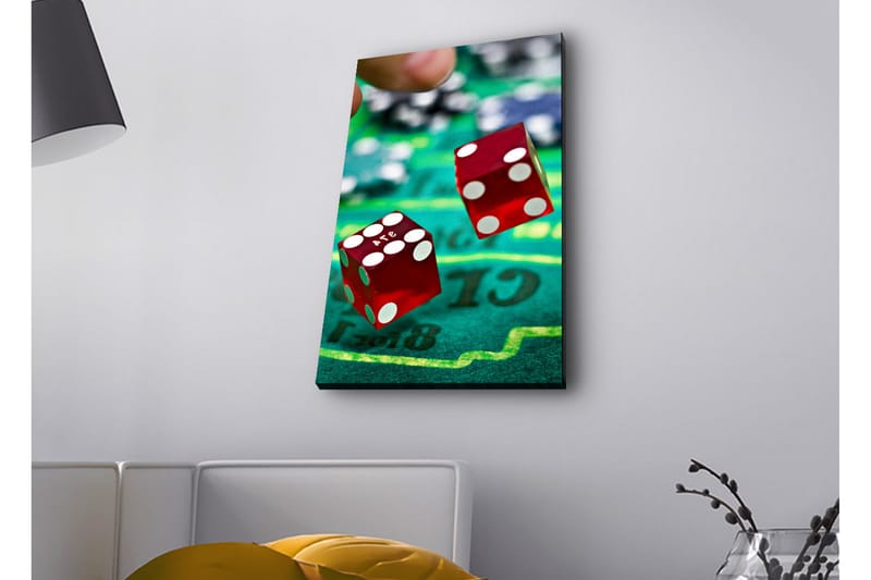 Lerretsbilde med LED-belysning - Terninger kastes på en grønn spillebane - Rød / Grønn / Svart - Innredning - Bilder & kunst - Lerretsbilder