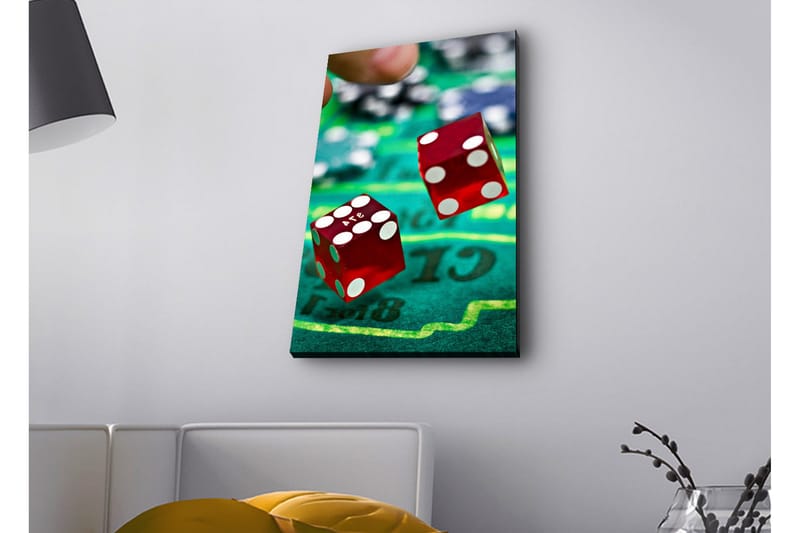 Lerretsbilde med LED-belysning - Terninger kastes på en grønn spillebane - Rød / Grønn / Svart - Innredning - Bilder & kunst - Lerretsbilder