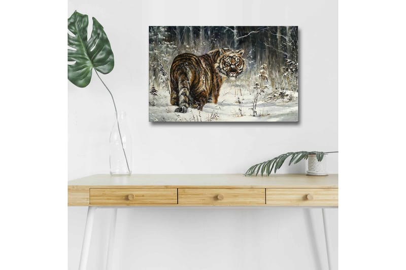 Lerretsbilde med LED-belysning - Tiger i snødekt skogsmiljø, Oransje / Hvit / Grå