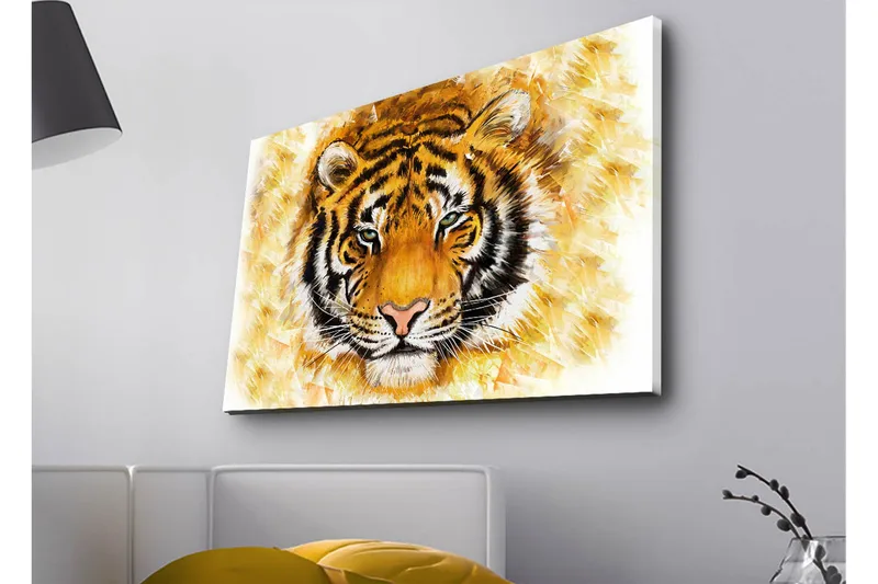 Lerretsbilde med LED-belysning - Tigerhode med intenst uttrykk, Oransje / Svart / Hvit