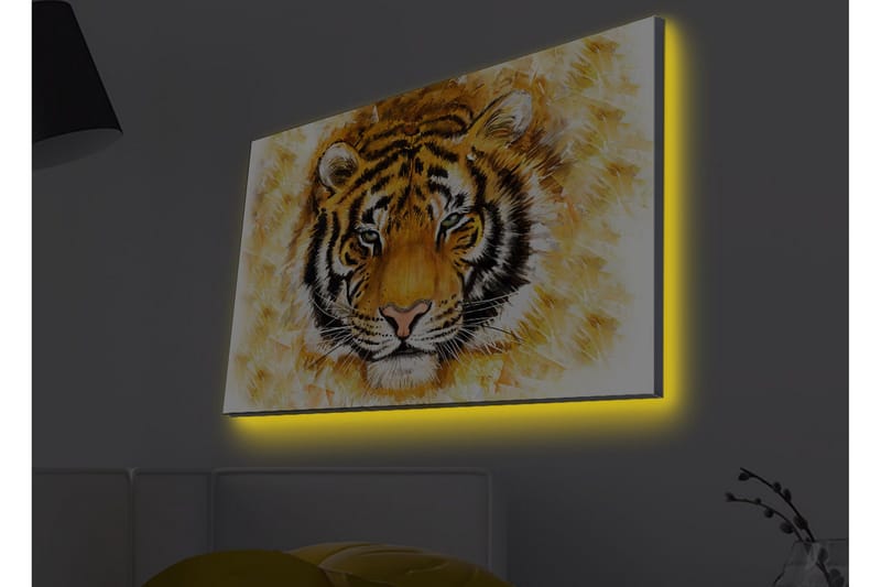 Lerretsbilde med LED-belysning - Tigerhode med intenst uttrykk - Oransje / Svart / Hvit - Innredning - Bilder & kunst - Lerretsbilder