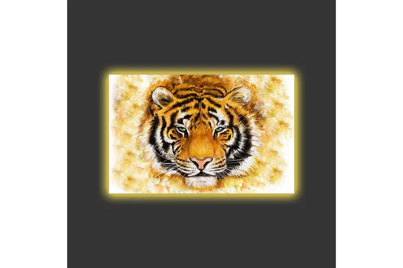 Lerretsbilde med LED-belysning - Tigerhode med intenst uttrykk - Oransje / Svart / Hvit - Innredning - Bilder & kunst - Lerretsbilder