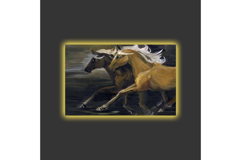 Lerretsbilde med LED-belysning - To hester i bevegelse med kraftige muskuløse former - Gull / Svart - Innredning - Bilder & kunst - Lerretsbilder