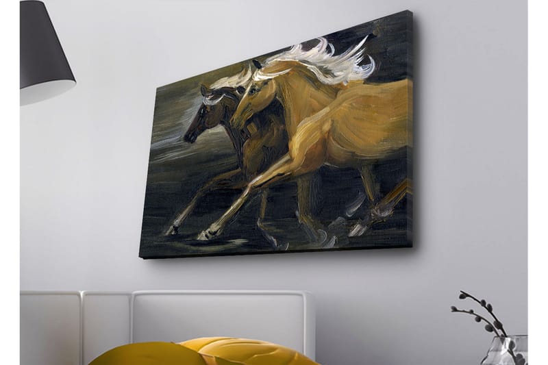 Lerretsbilde med LED-belysning - To hester i bevegelse med kraftige muskuløse former - Gull / Svart - Innredning - Bilder & kunst - Lerretsbilder