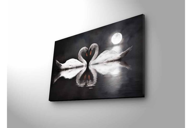 Lerretsbilde med LED-belysning - To svaner som danner et hjerte i en speillignende innsjø under en måne - Hvit / Svart / Grå - Innredning - Bilder & kunst - Lerretsbilder