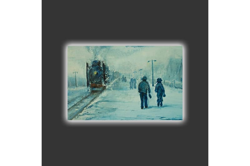 Lerretsbilde med LED-belysning - To personer som går i snøen under en tåkete himmel - Blå / Hvit / Grå - Innredning - Bilder & kunst - Lerretsbilder