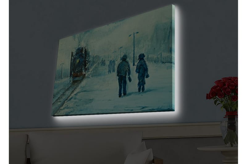 Lerretsbilde med LED-belysning - To personer som går i snøen under en tåkete himmel - Blå / Hvit / Grå - Innredning - Bilder & kunst - Lerretsbilder