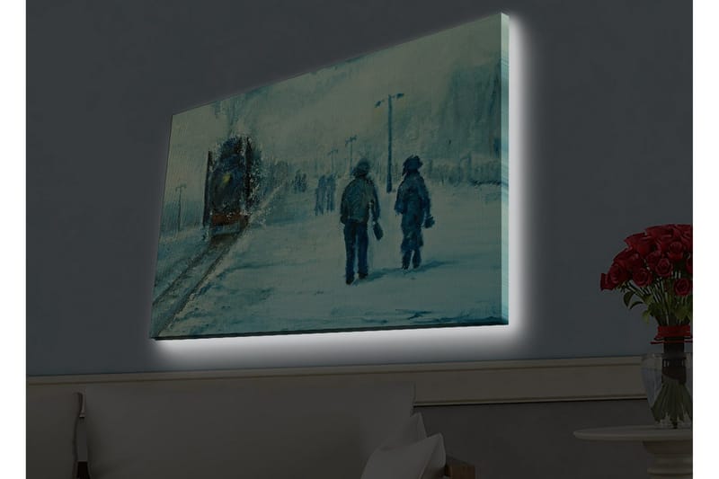 Lerretsbilde med LED-belysning - To personer som går i snøen under en tåkete himmel - Blå / Hvit / Grå - Innredning - Bilder & kunst - Lerretsbilder
