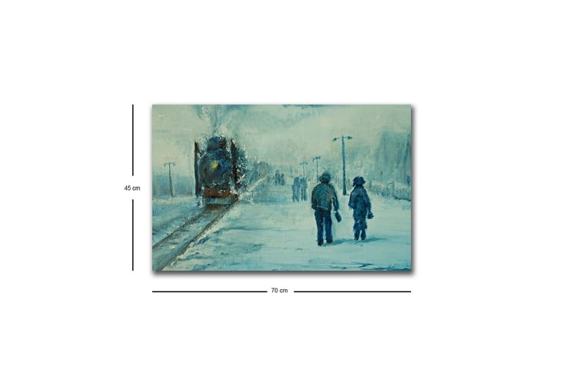 Lerretsbilde med LED-belysning - To personer som går i snøen under en tåkete himmel - Blå / Hvit / Grå - Innredning - Bilder & kunst - Lerretsbilder