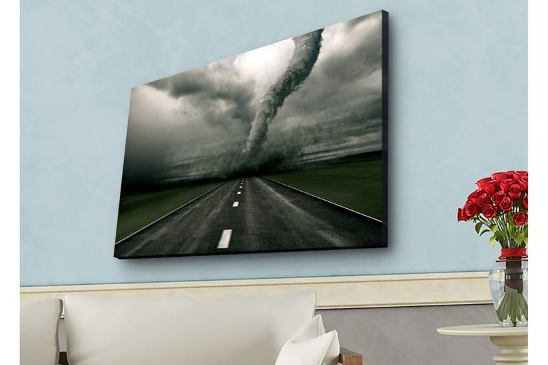 Lerretsbilde med LED-belysning - Tornado som feier over en øde vei - Grå / Svart / Grønn - Innredning - Bilder & kunst - Lerretsbilder