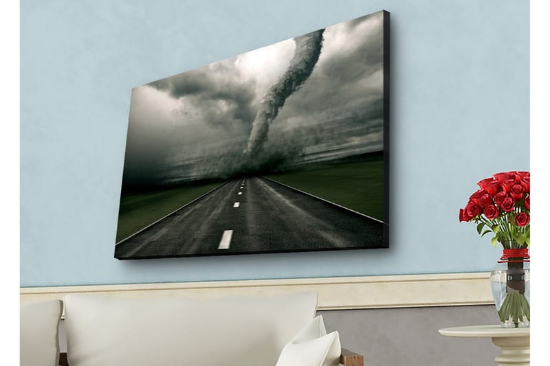 Lerretsbilde med LED-belysning - Tornado som feier over en øde vei - Grå / Svart / Grønn - Innredning - Bilder & kunst - Lerretsbilder