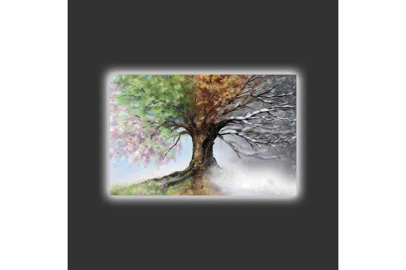 Lerretsbilde med LED-belysning - Trær med skiftende årstider i en harmonisk komposisjon - Grønn / Brun / Grå - Innredning - Bilder & kunst - Lerretsbilder