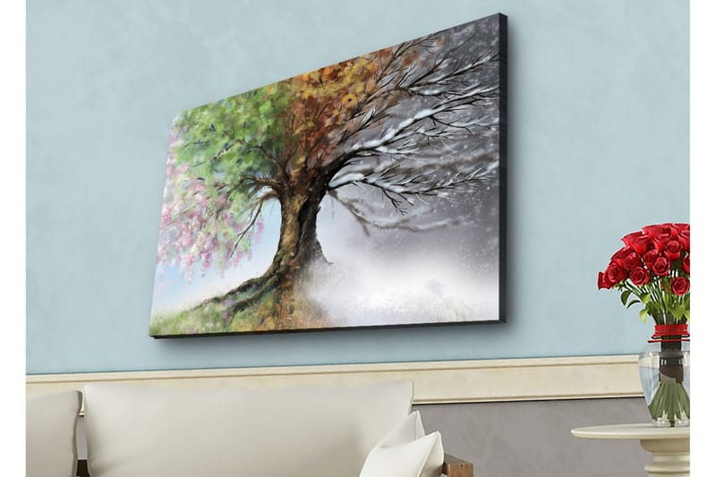 Lerretsbilde med LED-belysning - Trær med skiftende årstider i en harmonisk komposisjon - Grønn / Brun / Grå - Innredning - Bilder & kunst - Lerretsbilder